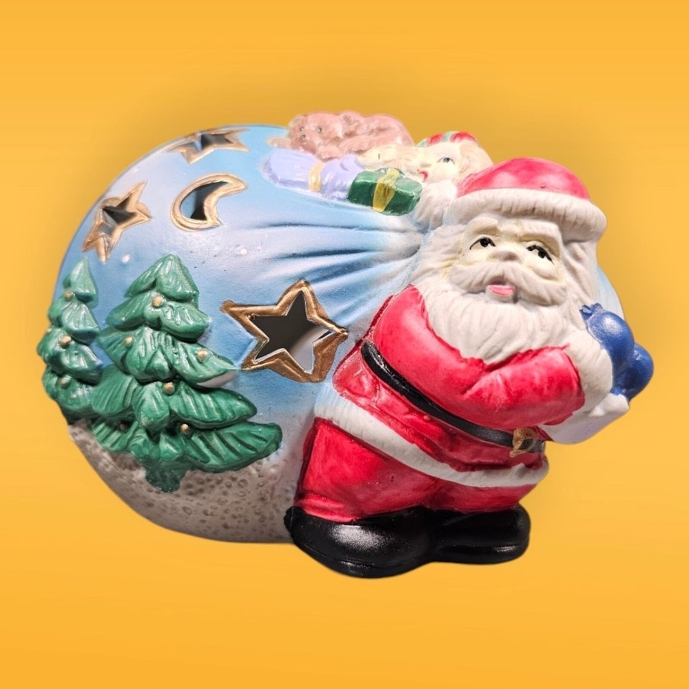 Vintage‎ Santa With Sack Bag Presents Ceramic Votive Holder Trees Stars Toys